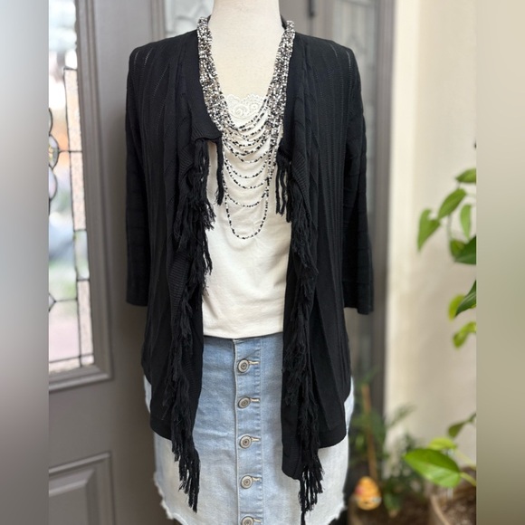 Additions by Chico’s Black Open Front Tassel Cardigan | Size Medium - Picture 1 of 6